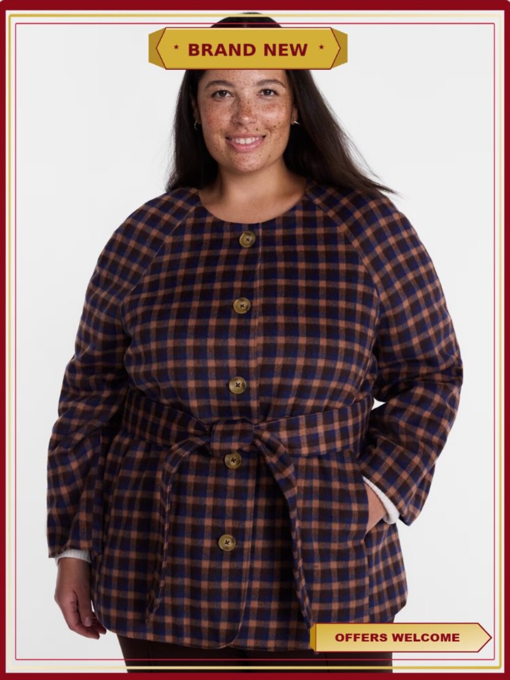 Plus Size Belted Button Front Coat Long Sleeves Round Neck Pockets